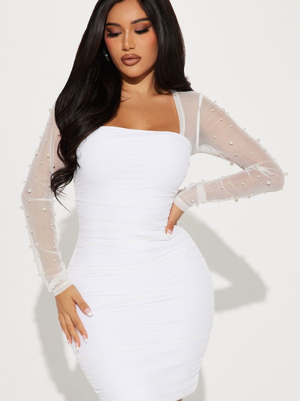 Fashion Nova White Pearl Maia Mesh Ruched Mini Dress 1X Wedding Bridal NWOT